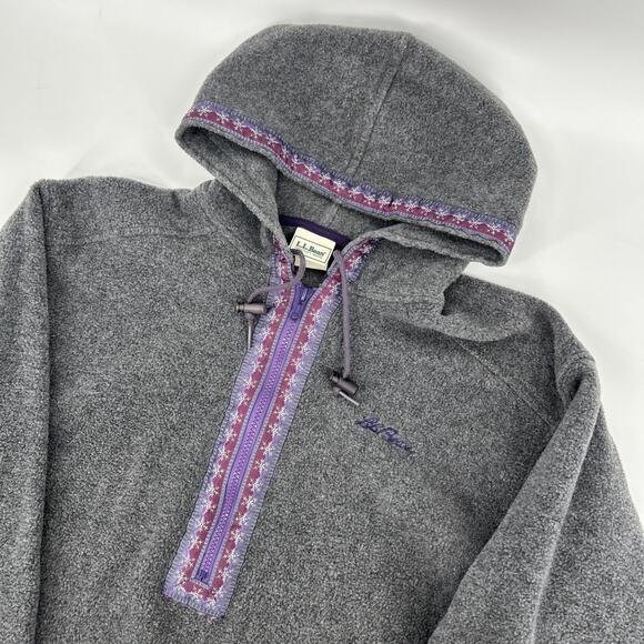 Vintage LL Bean Fleece Hoodie Women Large Gray Nordic Snowflake 90s Y2K USA Made - Picture 1 of 10